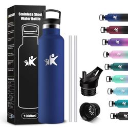 KollyKolla 1 liter thermosfles, BPA-vrij, roestvrijstalen drinkfles met rietje, lekvrij, herbruikbaar, voor kantoor, sport, fietsen, werk