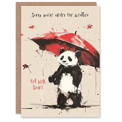 Artery8 Get Well Card Cute Panda with Red Umbrella Autumn Weather For Her Gran Sister Niece Daughter Wife Woman Greeting Card