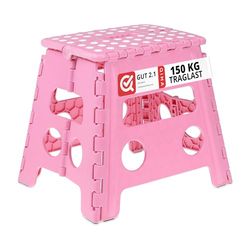 Relaxdays Folding Step Stool, Collapsible, Non-Slip, Max. Load 120 kg, Carry Handle, HxWxD: 32.5 x 37 x 30 cm, Pink