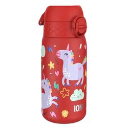 ION8 Barn Stålflaska, 400 ml/13 oz, Läcksäker, Lätt att Öppna, Säkert Lås, Diskmaskinssäker, Vändbart Lock, Bärhandtag, Lätt att Rengöra, Hållbar, Röd Enhörningar