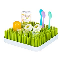 Relaxdays Little Choice Baby Bottle Drying Rack, Drip Tray, Grass Design, Drainer for Baby Bottles, Plastic, 23x23cm, Green & White