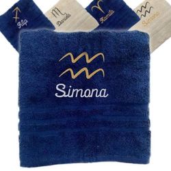 Asciugamano personalizzato con nome ricamato con segni zodiacali Asciugamano personalizzato con segno zodiacale Asciugamano in cotone regalo personalizzato (100 x 50 cm, Acquario)