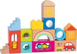 goki 58346 – Bloques de construcción de madera de colores con diferentes formas y colores, así como con bolas y perlas, juguetes de habilidades motoras para niños, 18 x 18 cm, juego de 14, a partir de