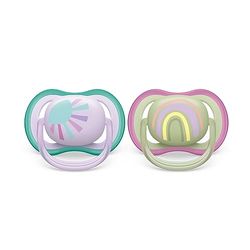 Philips Avent Ultra Air Soother: 2 chupetes ligeros y transpirables para bebés de 0 a 6 meses, sin BPA y con funda de transporte esterilizadora (modelo SCF085/59)