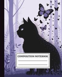 Composition Notebook College Ruled: Black Cat with Purple Butterflies Illustration | Vintage Aesthetic Journal for School, College, Office