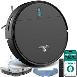 SereneLife Robot Aspirateur Balai Intelligent – Aspiration 700 Pa, Contrôle App, 3 Modes de Nettoyage, Capteurs Anti-Chute, Auto-Recharge, Silencieux, Poils d’Animaux, Sols Durs & Tapis-Noir