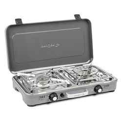 BRUNNER Fornello a Gas Devil KOOKMASTER, 2 fuochi, Superficie in Acciaio Inox - Accensione piezoelettrica, con Maniglia e Coperchio - per Avventure Outdoor, 30mbar, Potenza 2,4 kW x 2