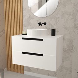 AURLANE Meuble Salle de Bains 80 cm Blanc Laqué à Suspendre - 2 tiroirs - Vasque Blanche Ø36 cm