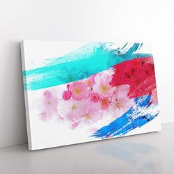 Flower Pink Japanese Cherry Trees V2 Modern Canvas Wall Art Print Ready to Hang, Framed Picture for Living Room Bedroom Home Office Décor, 50x35 cm (20x14 Inch)