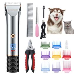 BarberBoss dierverzorgingsset - Geluidsarme tondeuse voor honden met 2 snelheidsinstellingen, keramische bladen, USB-opladen, LED-display en 8 opzetkammen, QR-9081