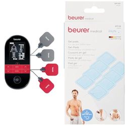 Beurer EM 59 Heat Digitaal TENS/EMS-Apparaat, 4-in-1 Stimulatiestroomapparaat Incl. 4 Elektroden en Accu & Beurer EM 59 Heat gelpads, nabestelset met 8 zelfklevende gelpads, formaat: 45 x 45 mm