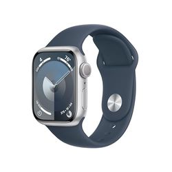 Apple Watch Series 9 (GPS 41 mm) Smartwatch - Kast van zilverkleurig aluminium - Stormblauw sportbandje S/M. Conditie bijhouden, Saturatie-app en Ecg-app, Always-on Retina-display, waterbestendig