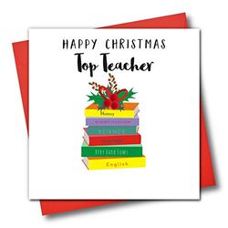 Claire Giles Greeting Cards, Happy Christmas Teacher Card, Pile of School Books, Top Teacher Greeting Card, Embellished with Colourful Pompoms