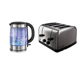Russell Hobbs 21600-10 Illuminating Glass Kettle, Black, 1.7 Litre, 3000 Watt & 18790 Futura 4-Slice Toaster, 1500 W, Stainless Steel Silver, Four Slice