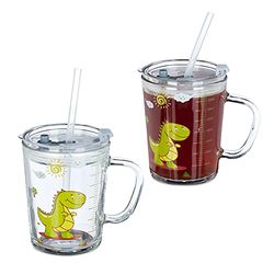 relaxdays Tasse enfant, lot de 2, motif dinosaure, verre avec poignée, couvercle et paille, échelle 400 ml, transparent