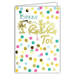Kaart "Bonne fête à Dich" confetti kleuren roze blauw groen oranje goud gemaakt in Frankrijk