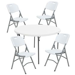 Table Ronde (diamètre 120 cm x 74 cm) et Set de 4 chaises Pliantes 51 x 45 x 85,5 cm, idéal pour l'extérieur
