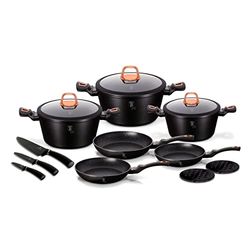 Berlinger Haus Black Rose Batterie de Cuisine à Induction 14 Pièces Antiadhésive Marbre sans PFOA, Aluminium 3 Casseroles 3 Couvercles 3 Poêles à Frire 3 Couteaux, 2 Sous-plat, Design Vitrocéramique