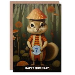 Artery8 7th Birthday Greeting Card Squirrel Mushroom Woodland Kids Age 7 Year Old Child