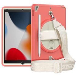 HUEZOE Case for iPad 10.2 inch 9/8/7 Generation(Model 2021/2020/2019), Shockproof Protection Cover with 360 Degree Rotating Kickstand Wrist Strap and Pencil Holder, Watermelon Red