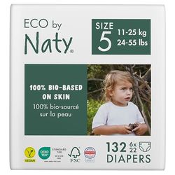 Eco by Naty Fraldas bebé - fraldas ecológicas à base de plantas, ideais para a pele sensível do bebé e ajuda a evitar fugas (tamanho 5, 132 unidades)