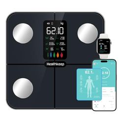 Healthkeep Kroppsfettvåg personlig våg digital våg med kroppsfett och muskelmassa för 15 kroppsdata pulsmätare personer med stor VA-skärm med app för iOS och Android