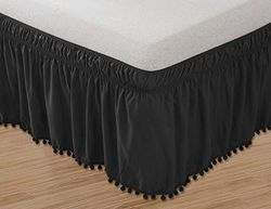 Elegant Comfort Luxury Top-Knot Tassle PomPom Fringe Ruffle Bed Skirt -Wrap Around Style- Elastic Bed Wrap- Wrinkle Resistant 16inch Drop, Queen/King, Black