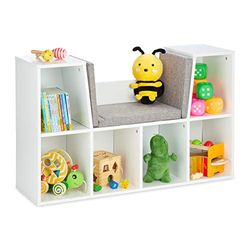relaxdays Etagère à Livres avec Coussin, pour Enfants avec 6 Compartiments, 63x103x30cm, rembourré, siège.