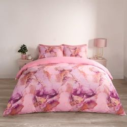 OHS Set copripiumino singolo, decorativo, reversibile, effetto marmo, per letto singolo, con federa, super morbido, lussuoso, rosa e bianco