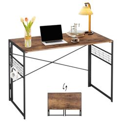 HOMYLIN Escritorio Plegable de 100 cm, Mesa de Estudio, Escritorio para computadora con Rejilla y 8 Ganchos para Dormitorio, Oficina en casa, apartamento, no Requiere Montaje, marrón Vintage