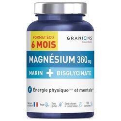 GRANIONS - Magnesium Bisglycinate + Magnesium Marin - FORMAT 6 MOIS | Magnésium Marin + Magnésium Bisglycinate + Vitamine B6 | Magnesium de Haute Qualité | Anti Stress | 180 Comprimés de magnésium