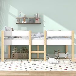 Symiu Bed kinderbed met valbeveiliging, massief grenenhout, 90 x 190 cm, wit & eiken