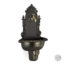 Relaxdays Fontana XL Antica a Parete, con Rubinetto, Lavabo per Giardino, in Lega di Alluminio, HLP 75x44x22 cm, Nera