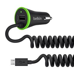 Belkin 3.4A Lightning In-Car Fast Phone Charger with Micro-USB Spiral Cable and Integrated USB Port for Tablets and Smartphones (40 Percent Faster Charging) - Black