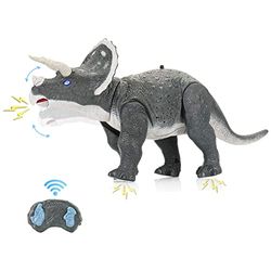 SainSmart Jr. Fjärrkontroll dinosaurieleksak, triceratops robot med lysande ögon och fyllningar, löpande dinosaurie för barn från 3 år, grå