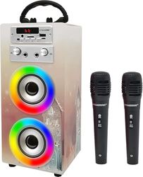 Máquina de Karaoke Portátil DYNASONIC, 2 Micrófonos, Altavoz Bluetooth, Luces, Lector USB y SD (025-19)