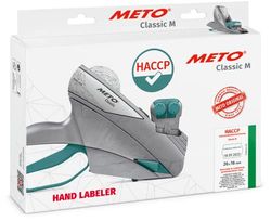 Meto HACCP - Rotulador manual (para etiquetas de 26 x 16 mm, 14 textos predefinidos, 2 líneas, 20 dígitos, etiquetador de precios Meto Classic M, plateado-teal)