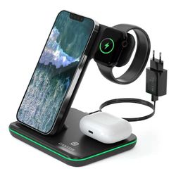CANYON 3 in 1 draadloze oplader compatibel met iPhone, Watch, Airpods, snel opladen Station voor Qi apparaten, Inductieve opladen Station QC 21W (Zwart - Met draadloze Airpods opladen)