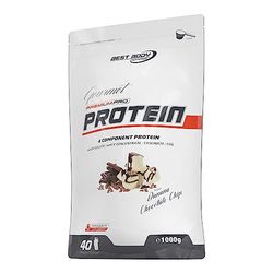 Best Body Nutrition Gourmet Premium Pro Protein, Morcreaux de chocolat et de banane, Shake protéiné à 4 composants: Caséinate, concentré de whey, isolat de whey, protéine d'œuf, sachet zippé de 1 kg
