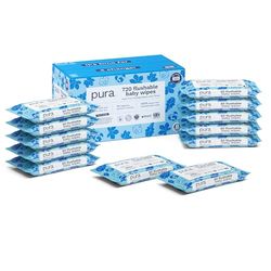 Pura Toalhetes descartáveis para bebés, 720 toalhetes (12 x 60 toalhetes), 100% toalhetes húmidos, livres de plástico, 99% água, pele sensível, biodegradáveis, algodão orgânico