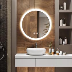 EMKE Specchio da bagno con illuminazione, diametro 60 cm, specchio rotondo con interruttore tattile, anti-appannamento, funzione di memoria, luce calda/bianca fredda/neutra