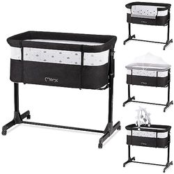 Momi Revo Multifunctionele bijzet- en kinderbed, 6-traps in hoogte verstelbaar van 72 tot 82 cm, met wielen, incl. matras, bevestigingsriemen, insectenbescherming en beugel met speelgoed