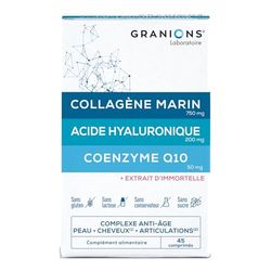 GRANIONS - Collagene Marin et Acide Hyaluronique + Coenzyme Q10 - Collagène Anti-Âge - Acide Hyaluronique - Beauté - Action Anti-Ride avec Collagene Marin - Fabriqué en France - 45 Comprimés
