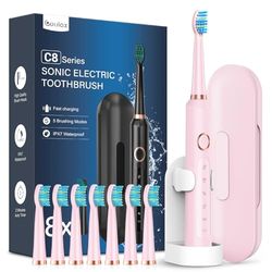 Brosses à Dents Électriques Soniques avec 8 Têtes - Brosse à Dents Électrique Adultes avec Étui de Voyage, 5 Modes et IPX7, Brosses à Dents Électriques à Ultrasons pour Famille Voyager, Rose Cerise