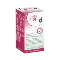 OMNi BiOTiC 6 | Flacon en verre | 30 Doses (60g) | 6 souches bactériennes | 4 milliards d’UFC par dose journalière | En poudre | Contient de l’inuline | Végétalien | Pour une utilisation quotidienne