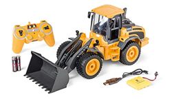 Carson 500907648 1:16 Cargadora sobre Ruedas Volvo 2.4G 100% RTR - Vehículo teledirigido, vehículo para Obras construcción con Funciones luz y Sonido, Incl. Pilas y Mando a Distancia, Amarillo