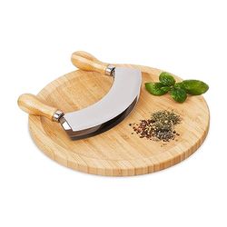 Relaxdays Vägkniv med bräda, bambu och rostfritt stål, tvåskärnig örtkniv, örtbräda Ø 25 cm, natur/silver
