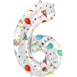 Folat 64176 Birthday Balloon Number 6 Joyful Party White with Gifts and Decoration 86 cm Helium Decoration Birthday Decoration Balloon Number Colourful