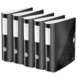 Leitz Archivador de calidad 180° Active WOW, 5 unidades, A4, ancho, lomo redondeado, 8,2 cm de ancho, cierre de goma, espuma ligera, carpeta de plástico, serie WOW, color negro, 11060095
