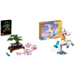 LEGO Albero Bonsai, Piante Artificiali, Costruzione in Mattoncini & 31140 Creator Unicorno Magico con Arcobaleno, Set 3 in 1 con Fantastici Animali Giocattolo